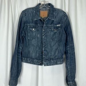 Guess (vintage), distressed, long sleeve, denim jacket, NWOT, Size L, runs S.
